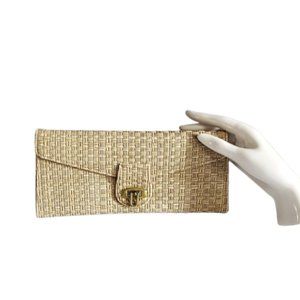 1950s Vintage Vegan Vinyl Tan Basketweave Textured Clutch Handbag Long & Narrow